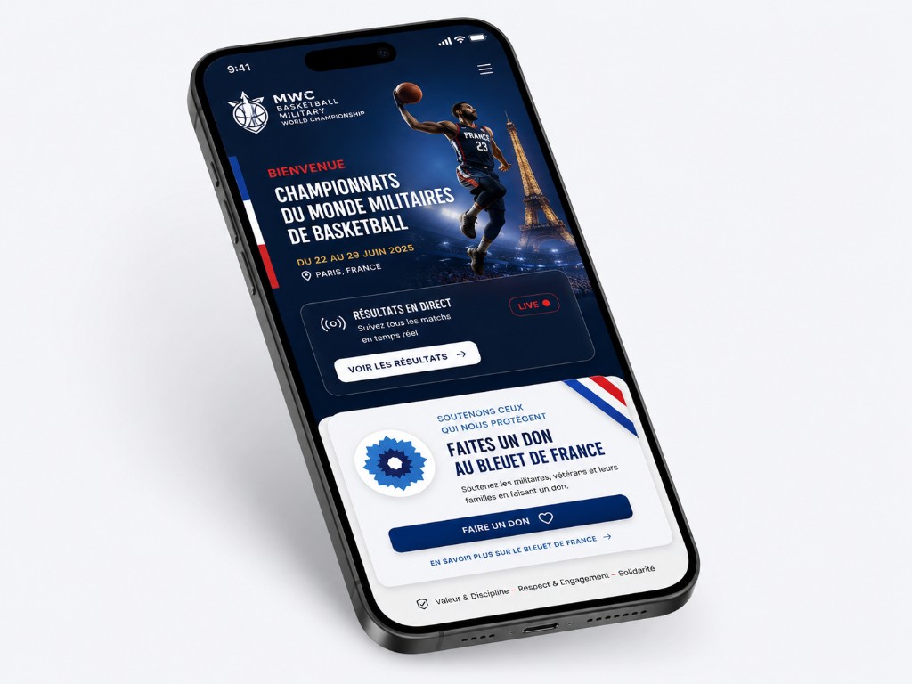 Capture du portail mobile dynamique du Championnat du Monde Militaire de Basketball, affiché sur smartphone après un scan NFC sur le porte-clés Timelapse-3D : section résultats en direct avec badge LIVE, bouton 'Voir les résultats', encart 'Faites un don au Bleuet de France' avec les valeurs Discipline, Respect, Engagement, Solidarité.