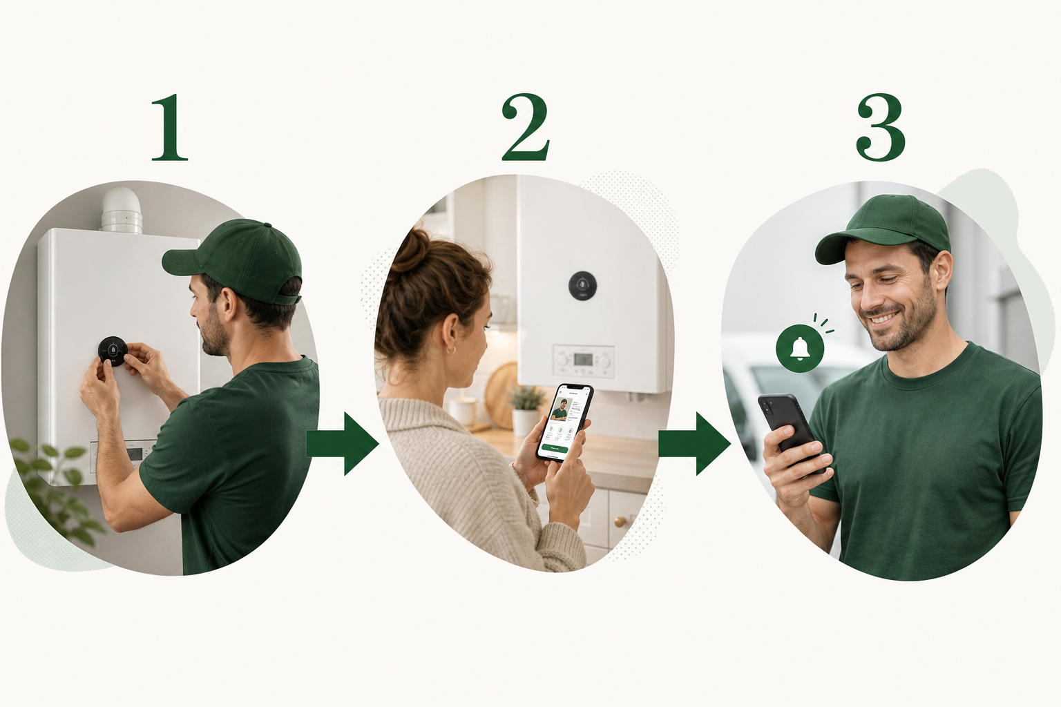 Fonctionnement du magnet de maintenance : l'artisan le pose chez le client, le client retrouve l'entreprise sur son smartphone, l'artisan reçoit la demande