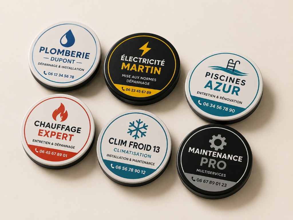 Magnets personnalisés pour artisans et professionnels de maintenance avec différents logos et couleurs