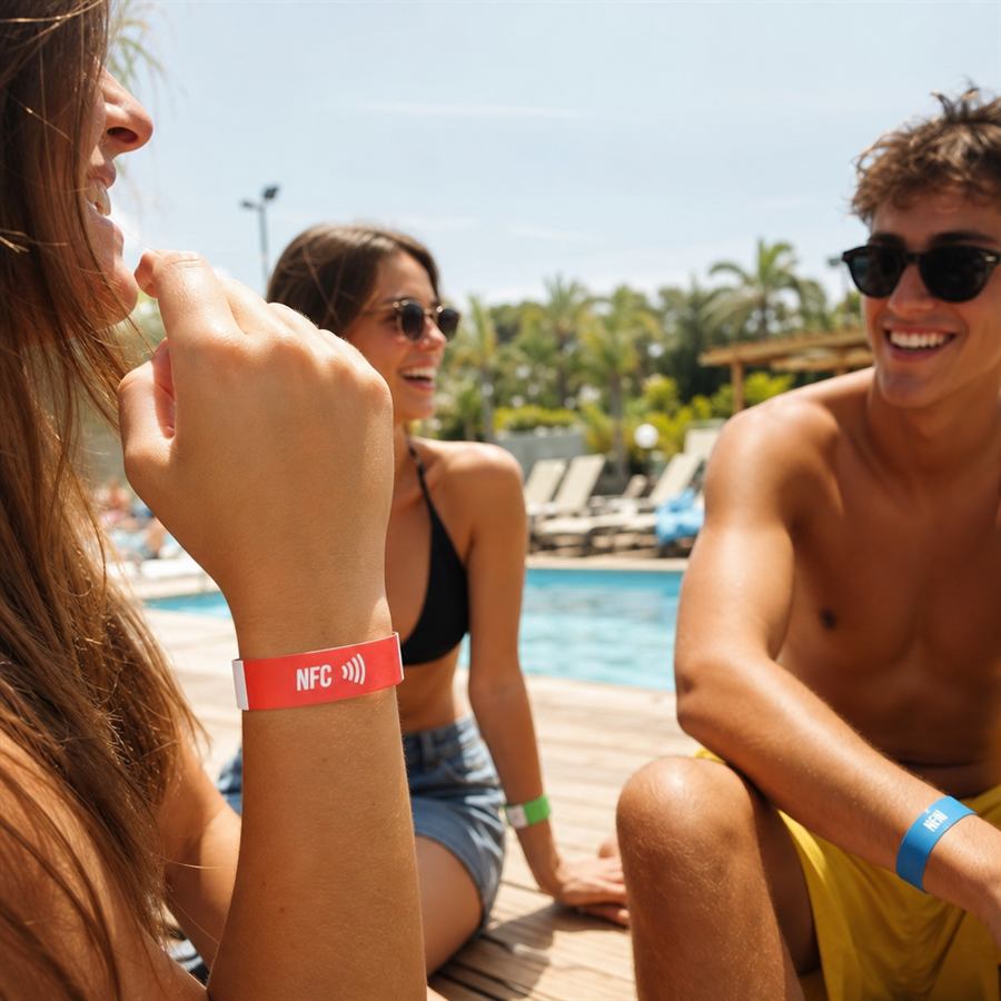 Vacanciers portant des bracelets NFC colorés au bord de la piscine dans un camping