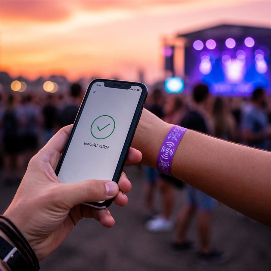 Contrôle d'accès d'un bracelet NFC festival par scan smartphone avec validation affichée