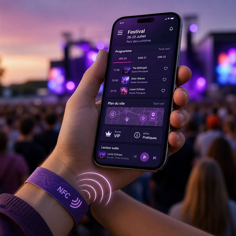 Bracelet NFC événementiel scanné avec un smartphone affichant le programme d'un festival