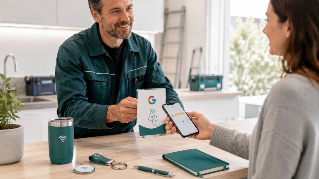 Artisan présentant à sa cliente une plaque NFC Timelapse-3D pour avis Google après intervention