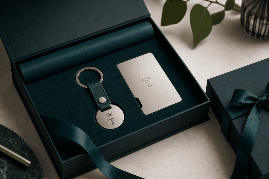Cofre de presente corporativo premium com objetos personalizados e cartão NFC Timelapse-3D