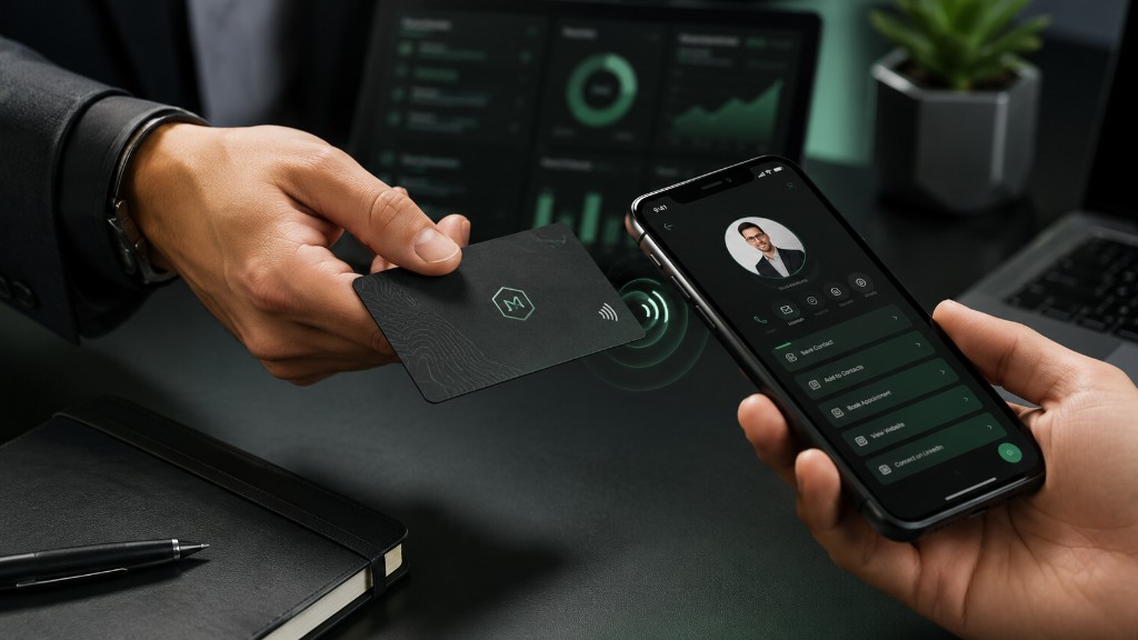 Carte de visite NFC professionnelle scannée avec smartphone et profil digital