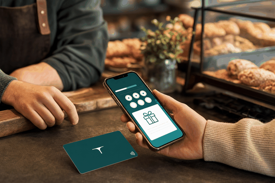 Carte de fidélité NFC scannée en caisse d'un commerce avec programme de fidélité digital