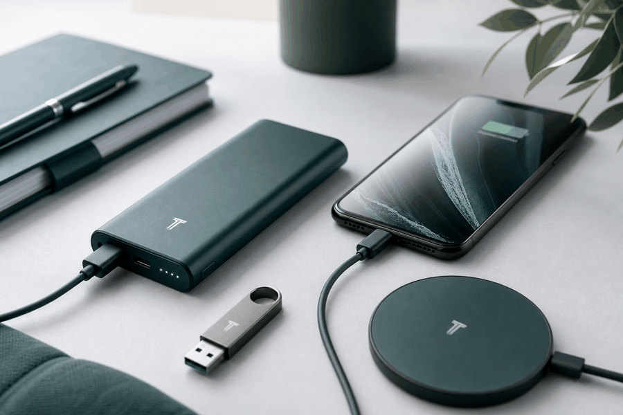 Batterie externe personnalisée avec logo et clé USB publicitaire sur un bureau