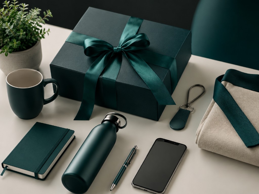 Caja de regalo corporativa Timelapse-3D con cinta verde y taza personalizada, botella de agua, libreta, llavero y bolígrafo para clientes y empleados