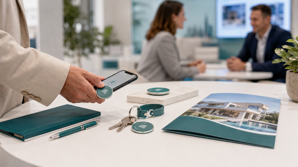 Agent immobilier scannant un porte-clé NFC Timelapse-3D devant un dossier de bien immobilier