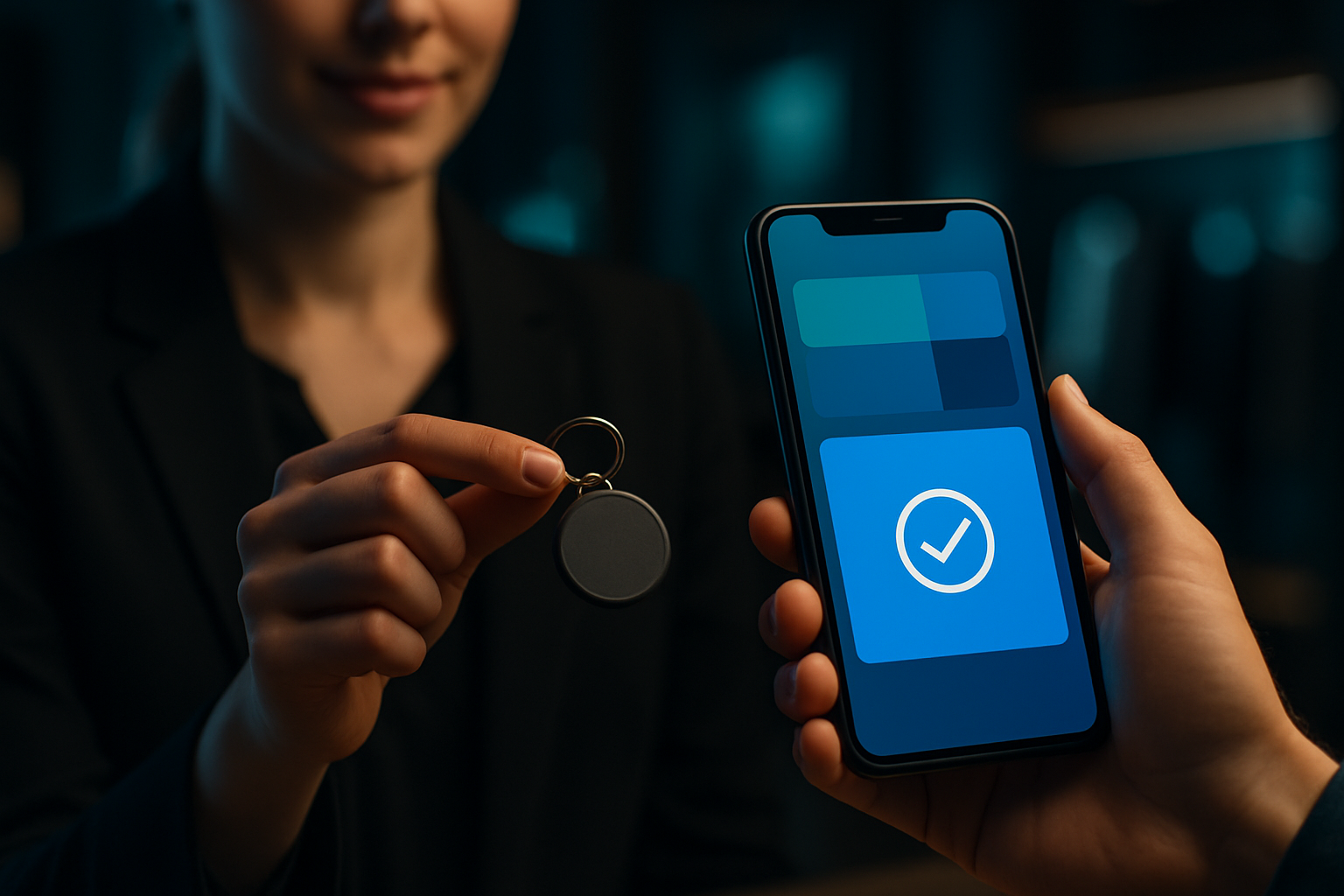 Commerciale présentant un porte-clés NFC Timelapse-3D à un client qui valide un consentement de rappel téléphonique sur son smartphone
