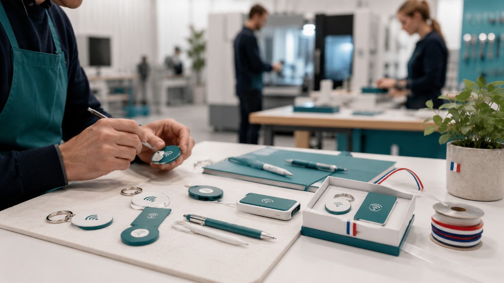 Atelier Timelapse-3D en France : assemblage main des porte-clés, badges et cartes NFC personnalisés
