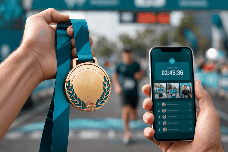 Medaglia personalizzata da finisher con nastro, scansionata da uno smartphone per mostrare foto e risultati