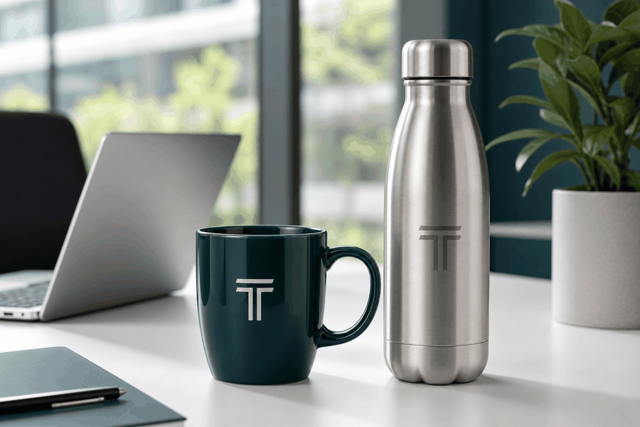 Mug personnalisé avec logo et gourde publicitaire inox sur un bureau d'entreprise