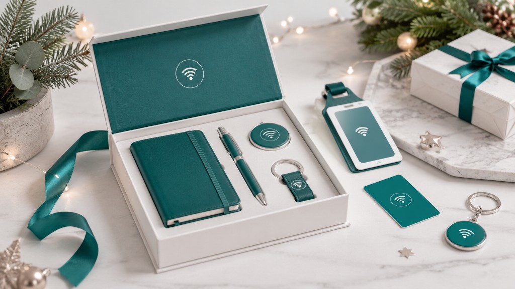 Coffret cadeau de Noël Timelapse-3D avec carnet, stylo, porte-clé et carte NFC sur fond festif