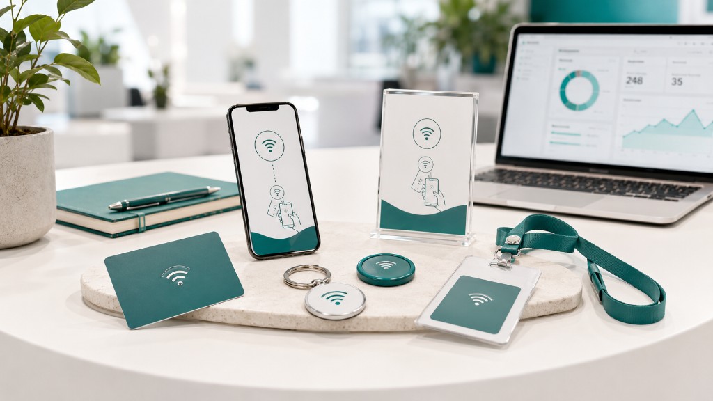 Collection d’objets publicitaires connectés Timelapse-3D : carte NFC, porte-clé, badge, lanyard