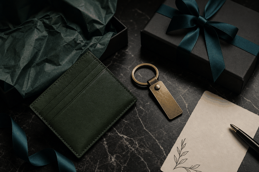 Objet publicitaire haut de gamme : coffret premium en cuir et métal gravé avec carte NFC