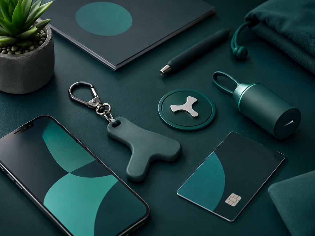 Artículos promocionales originales Timelapse-3D: llavero NFC en forma de llave, ficha conectada, tubo metálico y tarjeta NFC sobre fondo verde oscuro
