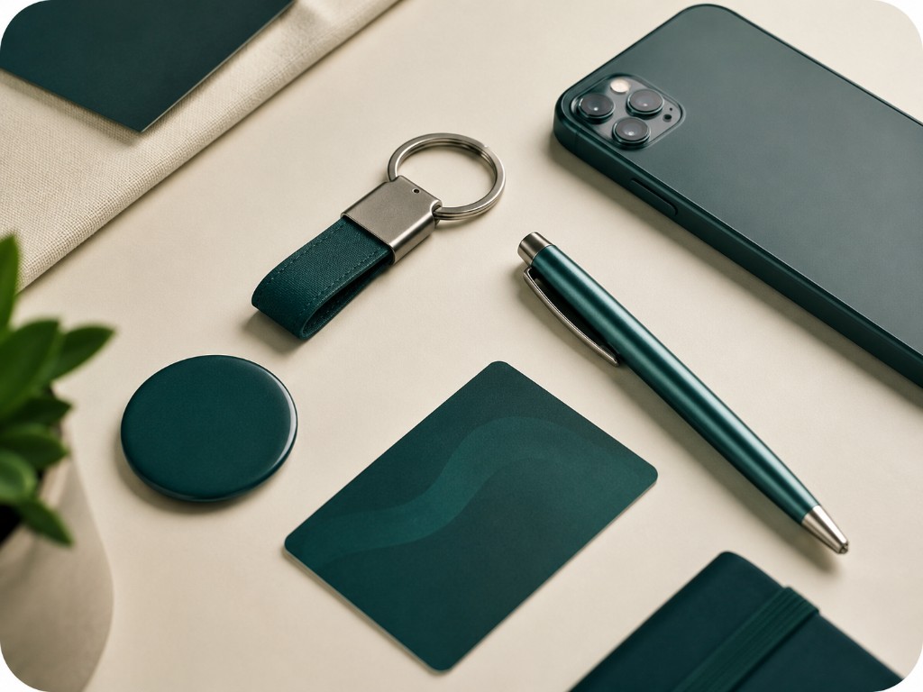 Artículos promocionales Timelapse-3D económicos: llaveros, bolígrafo, token NFC y tarjeta conectada sobre un fondo claro para presupuestos controlados