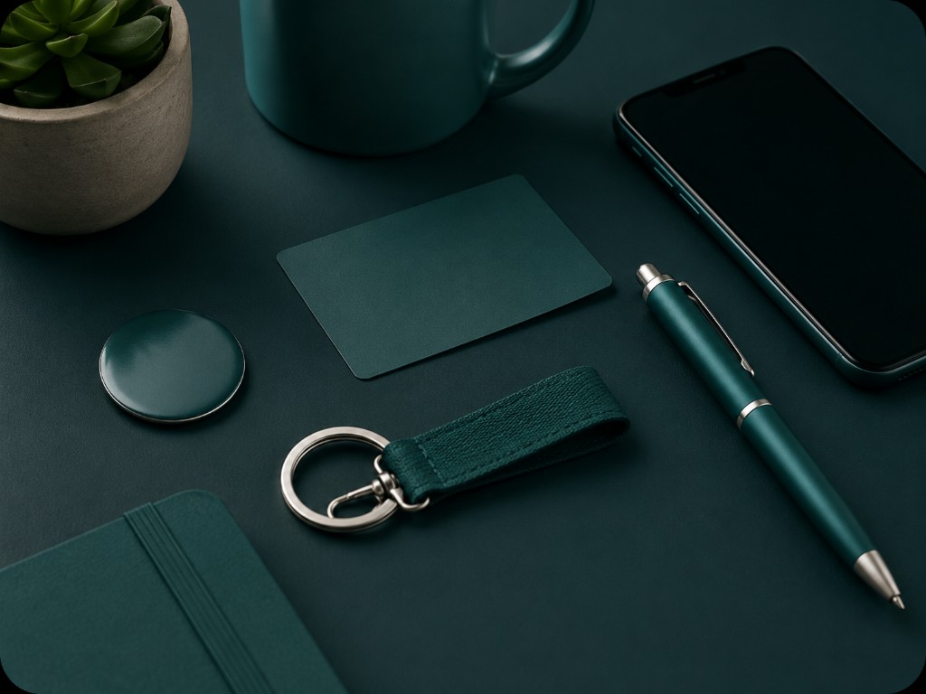 Colección completa de artículos promocionales Timelapse-3D de color verde oscuro: taza, imán NFC, tarjeta conectada, llavero, bolígrafo y smartphone