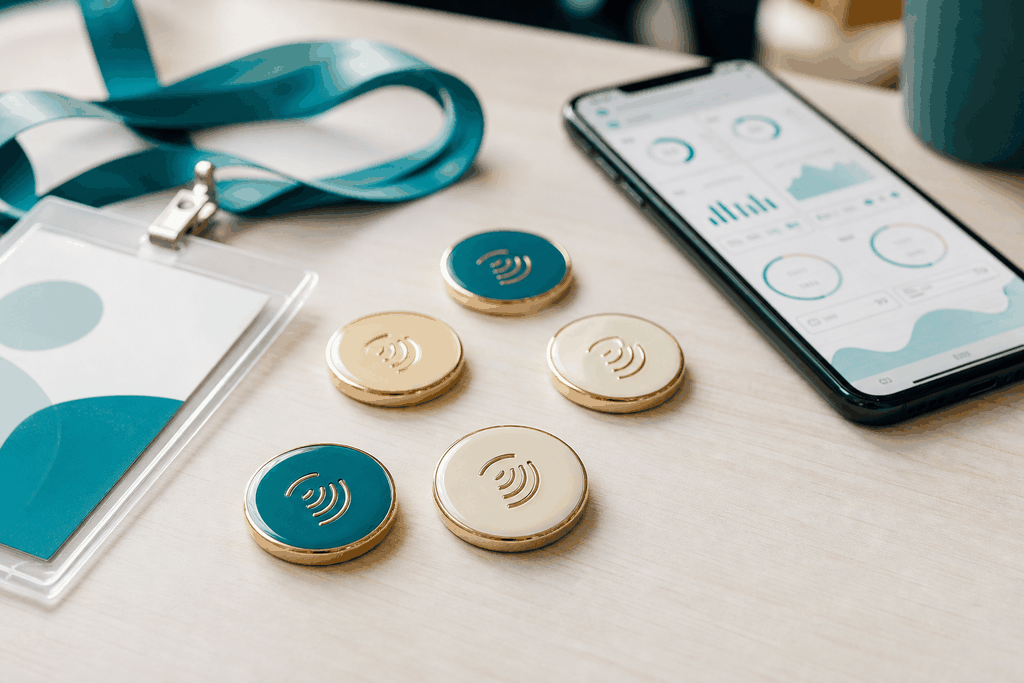 Pin's connectés NFC émaillés posés à côté d'un badge de salon et d'un smartphone affichant les statistiques de scans