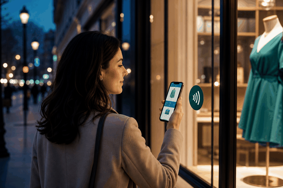 Passant scannant un sticker NFC sur la vitrine d'une boutique le soir, PLV connectée