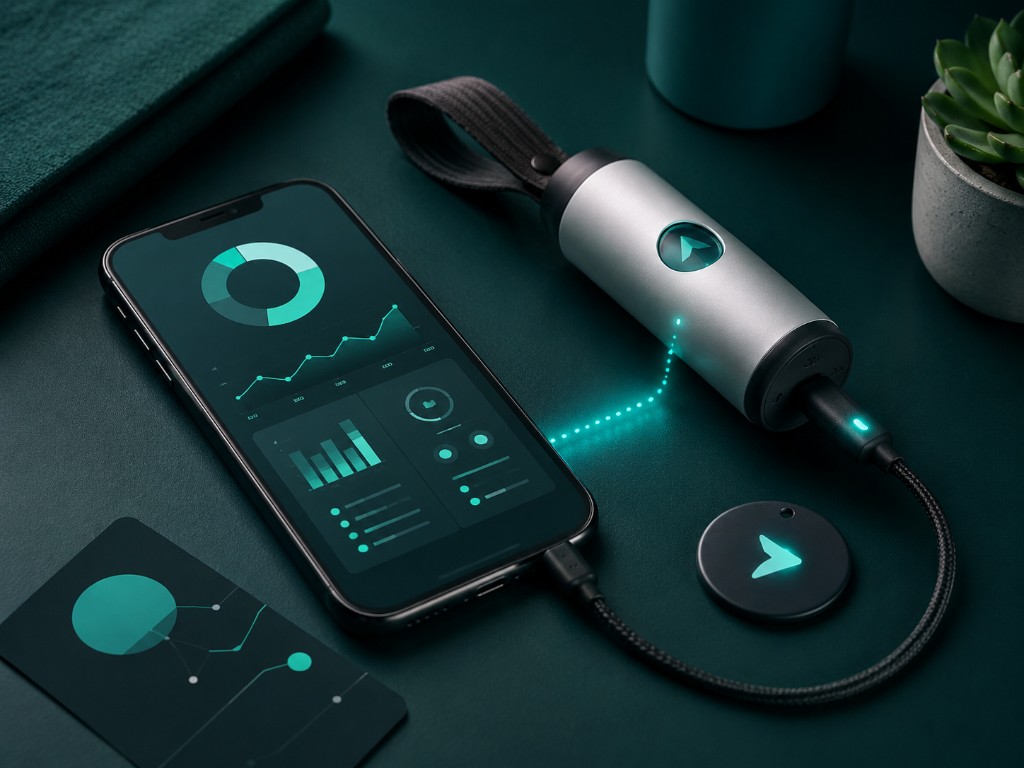 Objeto multimedia Timelapse-3D: Panel de análisis de smartphones, dispositivo NFC conectado con rastro de luz y tarjeta NFC sobre fondo verde oscuro