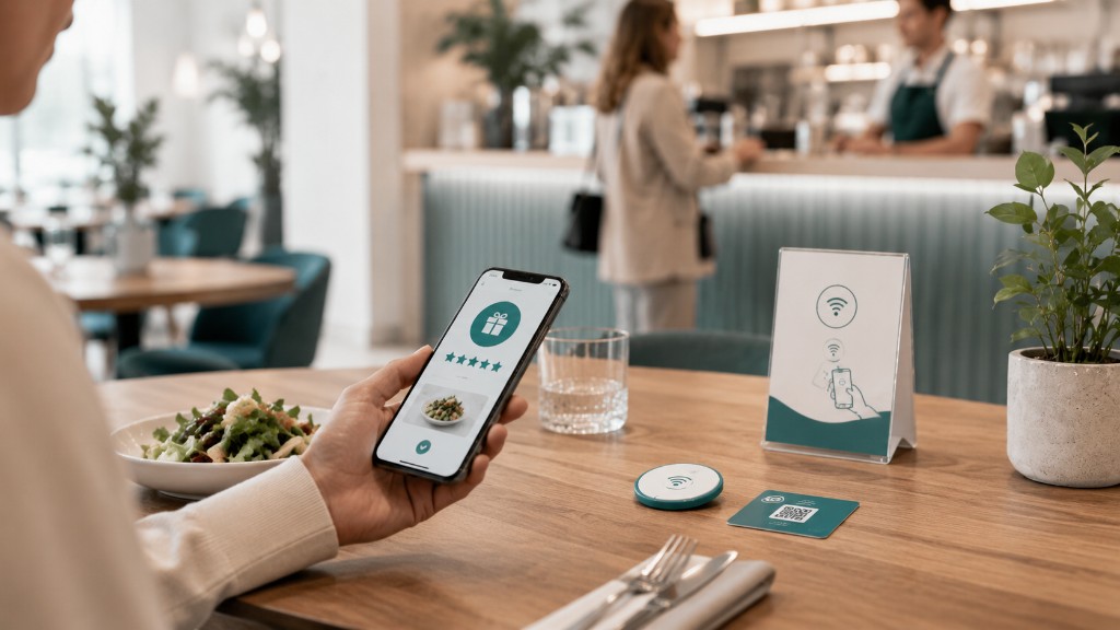 Plaque NFC sur table de restaurant scannée par un client pour laisser un avis Google