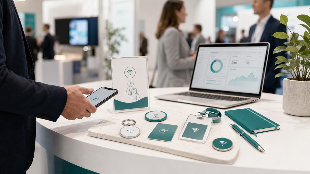 Stand de salon professionnel Timelapse-3D avec goodies NFC, dashboard leads et scan smartphone