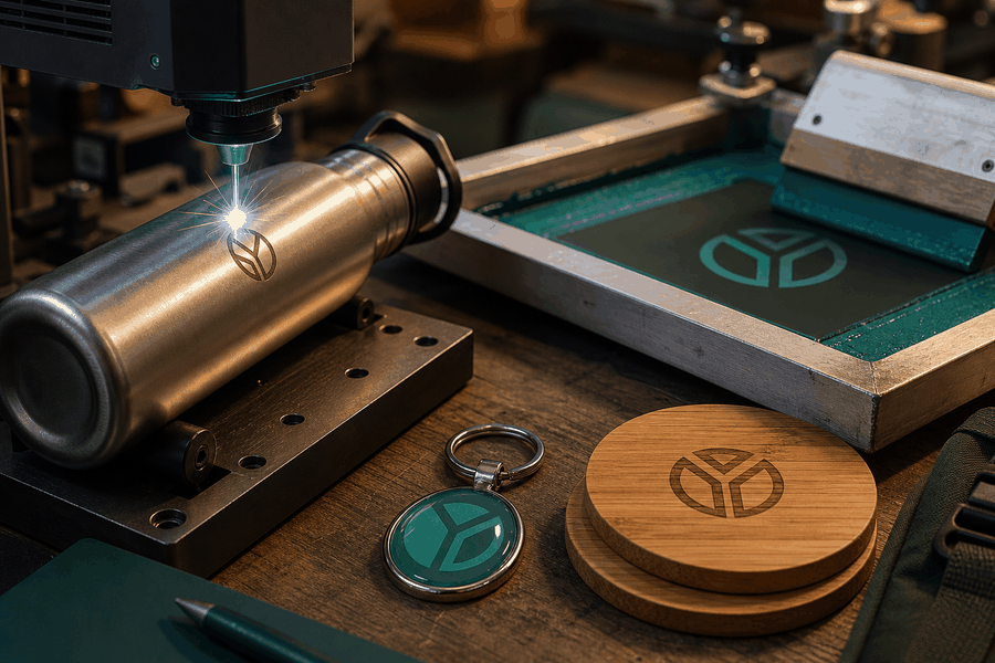 Promotional item branding workshop: laser engraving, screen printing and resin doming