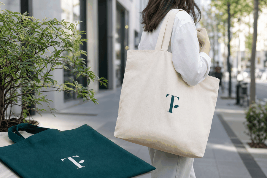 Tote bag personnalisé en coton avec logo porté en ville, sac publicitaire réutilisable