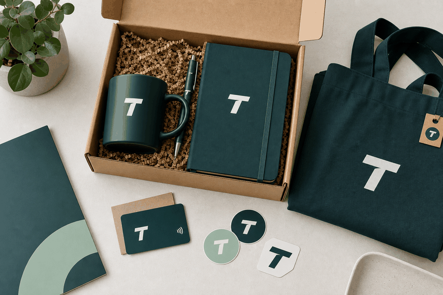 Welcome pack d'onboarding avec mug, carnet, gourde et carte NFC de bienvenue Timelapse-3D