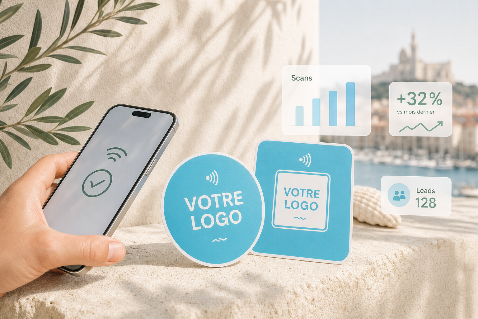 Stickers NFC personnalisés Made in Provence scannés avec un smartphone et tableau de bord SaaS Timelapse-3D