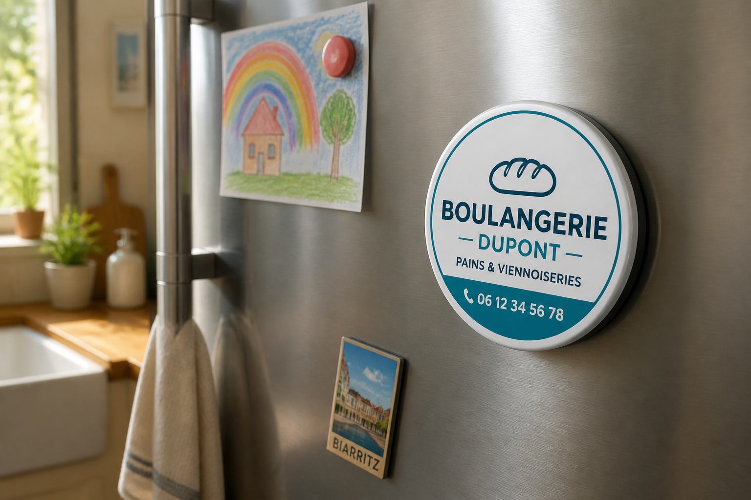 Magnet publicitaire personnalisé posé sur un frigo