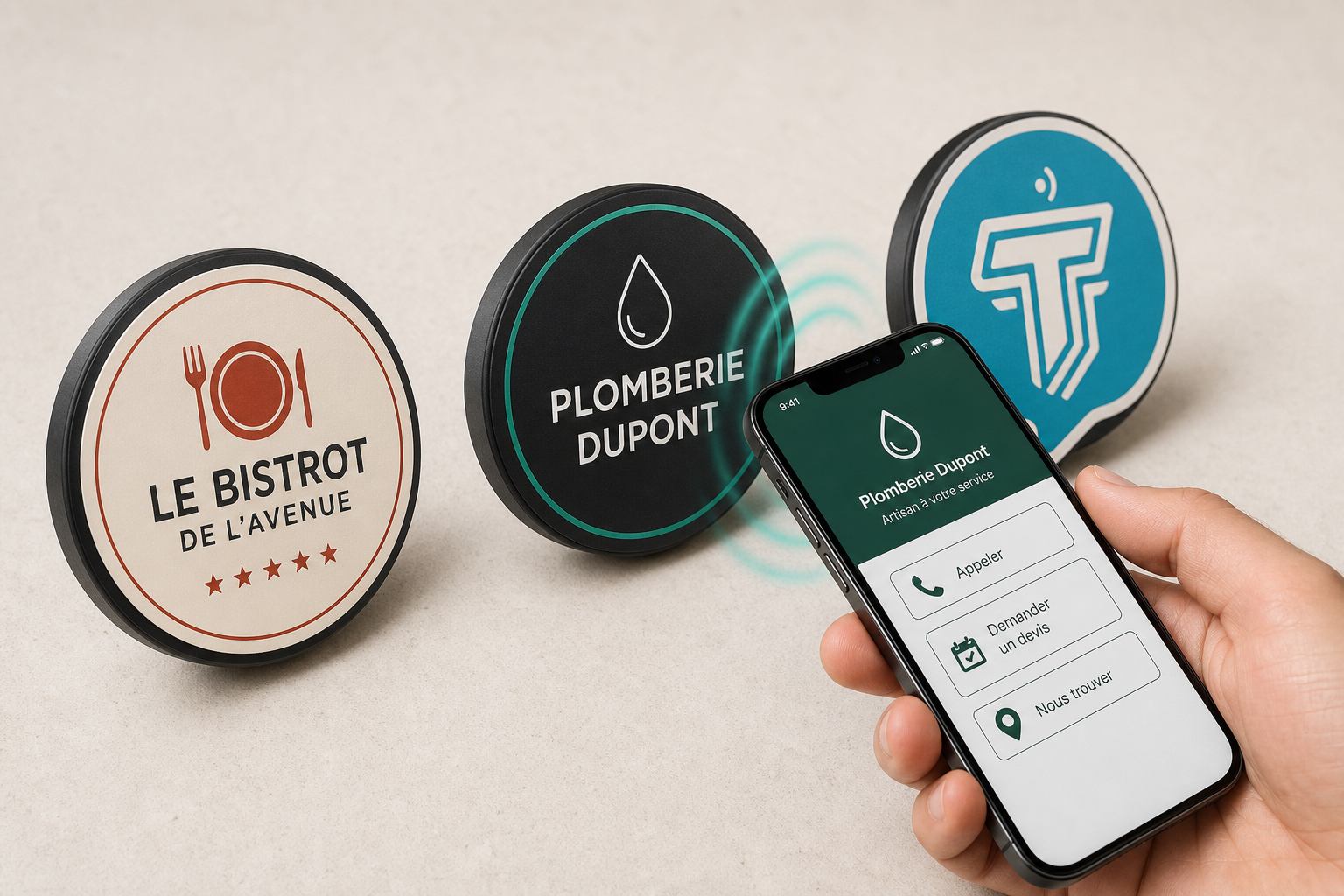 Trois magnets personnalisés — restaurant, artisan et publicitaire — approchés par un smartphone NFC