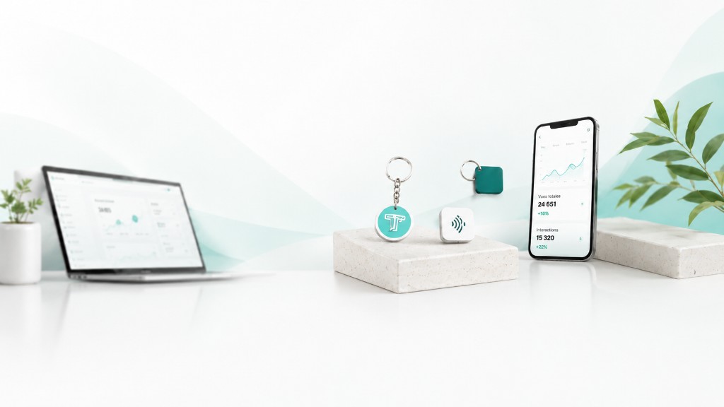 Goodies NFC connectés Timelapse-3D — porte-clés, magnet et tableau de bord