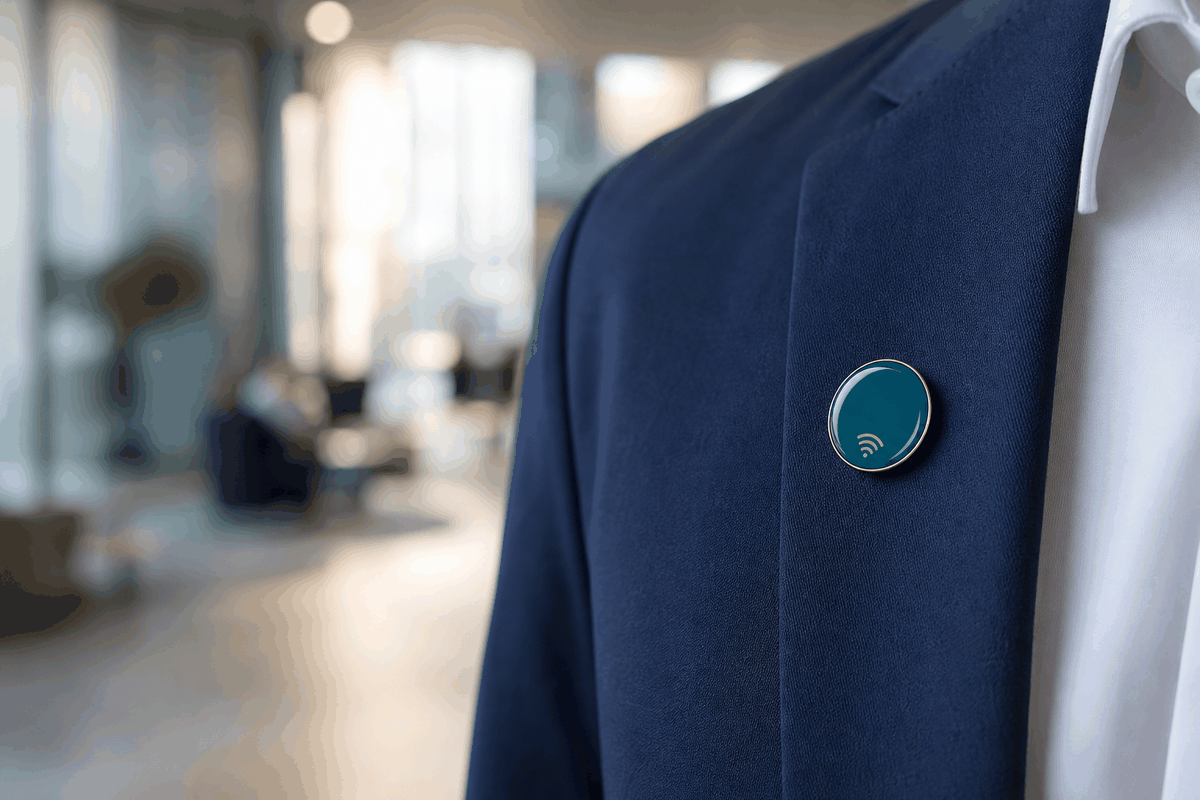 Pin's connecté NFC en émail porté sur un blazer, prêt à être scanné avec un smartphone