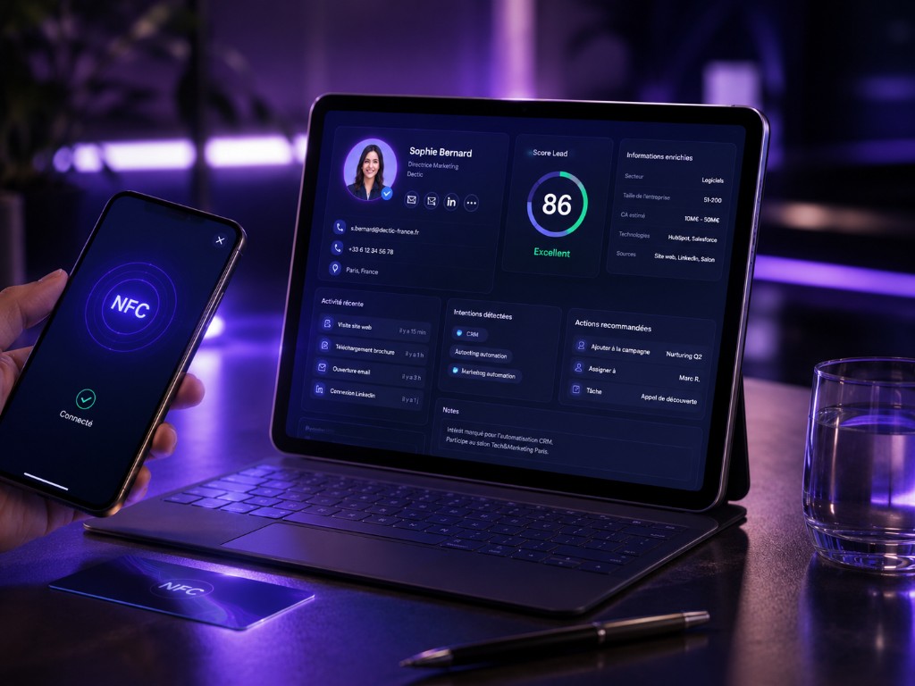 Tablette Identity Hub : fiche lead enrichie, score IA et synchronisation NFC