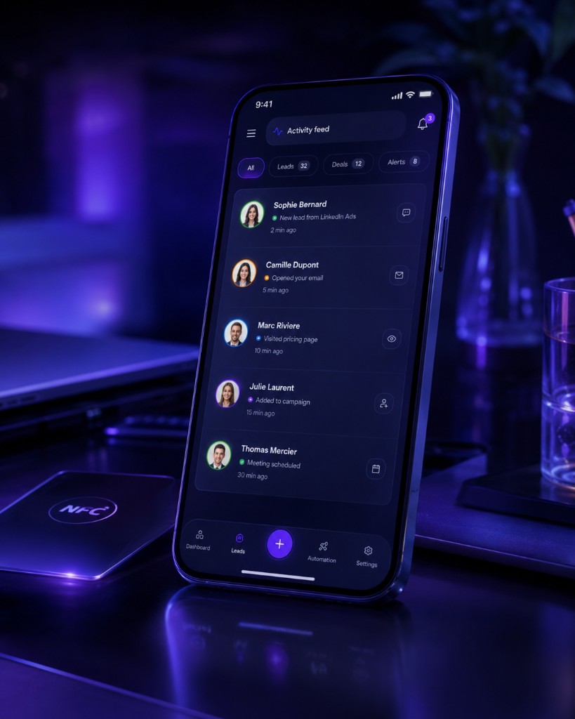 Application mobile Identity Hub : fil d’activité leads et carte NFC