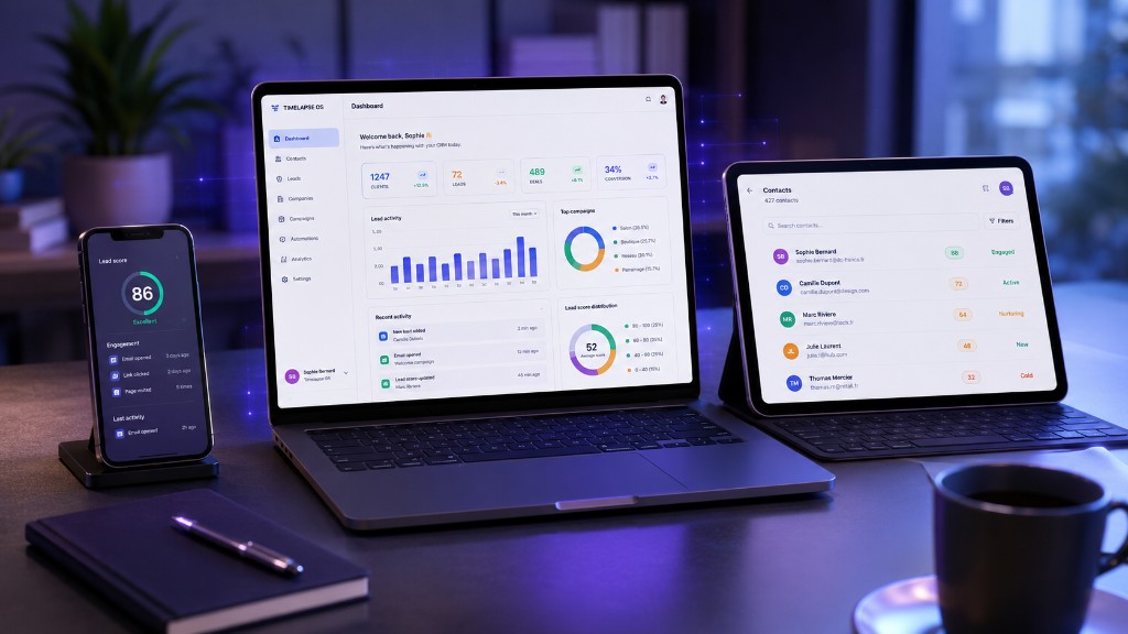 Timelapse OS Identity Hub : dashboard CRM sur ordinateur, tablette et smartphone